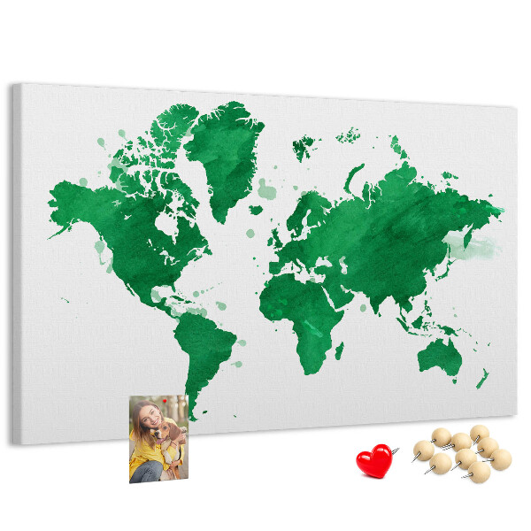 Tableau en liège carte du monde à l'aquarelle verte
