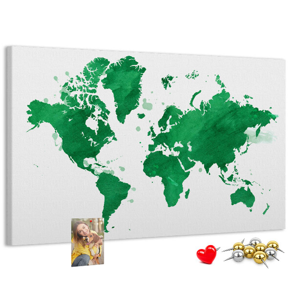 Tableau en liège carte du monde à l'aquarelle verte