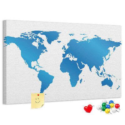 Tableau en liège Carte du monde bleue sur fond blanc