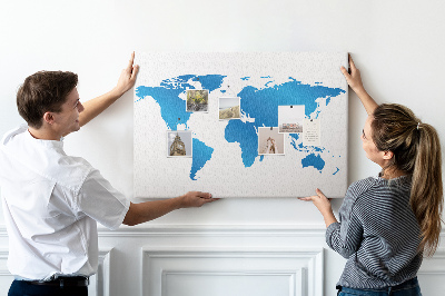 Tableau en liège Carte du monde bleue sur fond blanc
