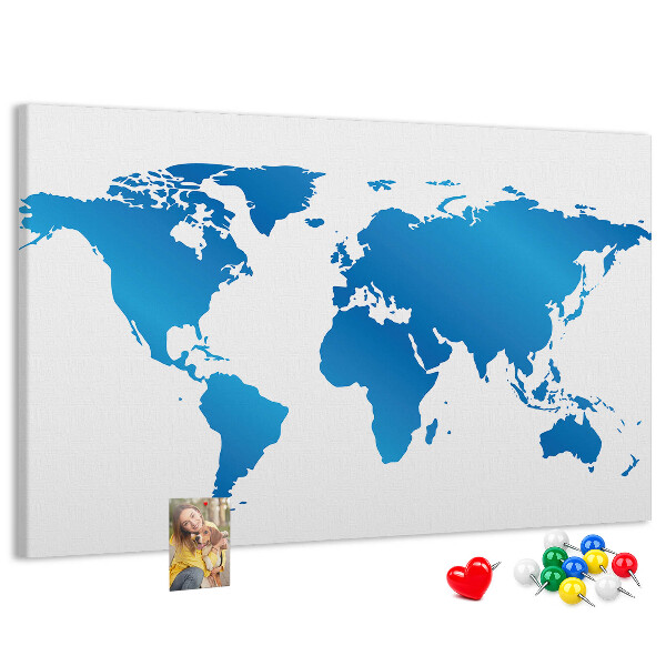 Tableau en liège Carte du monde bleue sur fond blanc