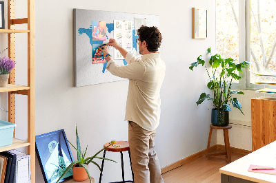 Tableau en liège Carte du monde bleue sur fond blanc