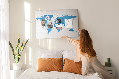 Tableau en liège Carte du monde bleue sur fond blanc