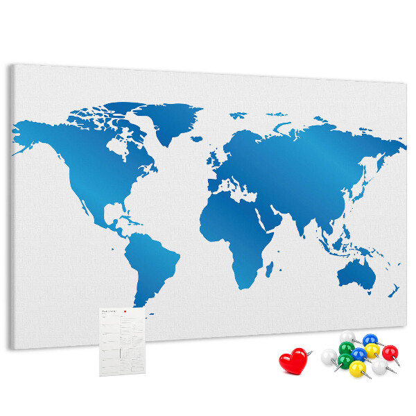Tableau en liège Carte du monde bleue sur fond blanc