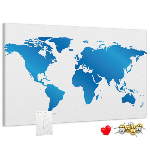 Tableau en liège Carte du monde bleue sur fond blanc