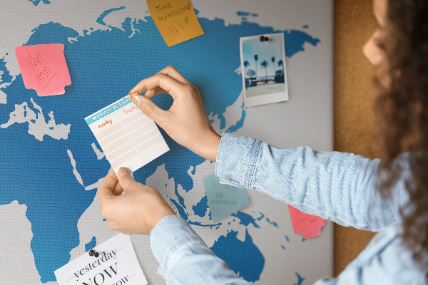Tableau en liège Carte du monde bleue sur fond blanc