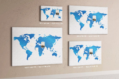 Tableau en liège Carte du monde bleue sur fond blanc