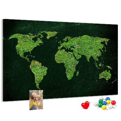 Tableau de liège Carte du monde verte avec réseau routier