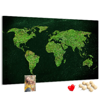Tableau de liège Carte du monde verte avec réseau routier