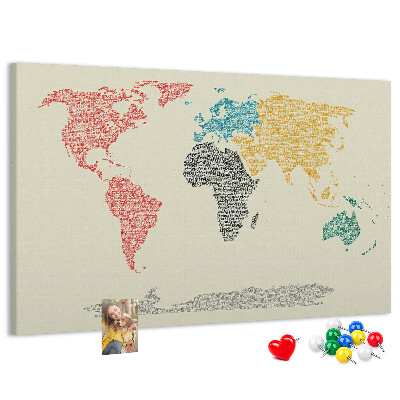Tableau en liège Une carte du monde en mots et en couleurs