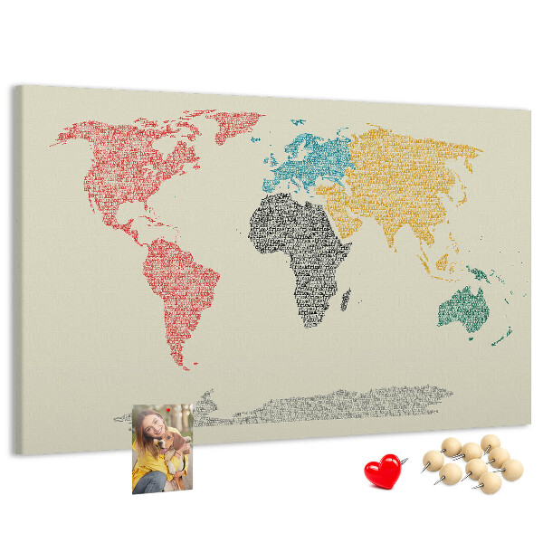 Tableau en liège Une carte du monde en mots et en couleurs