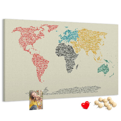 Tableau en liège Une carte du monde en mots et en couleurs