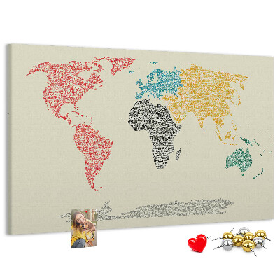 Tableau en liège Une carte du monde en mots et en couleurs