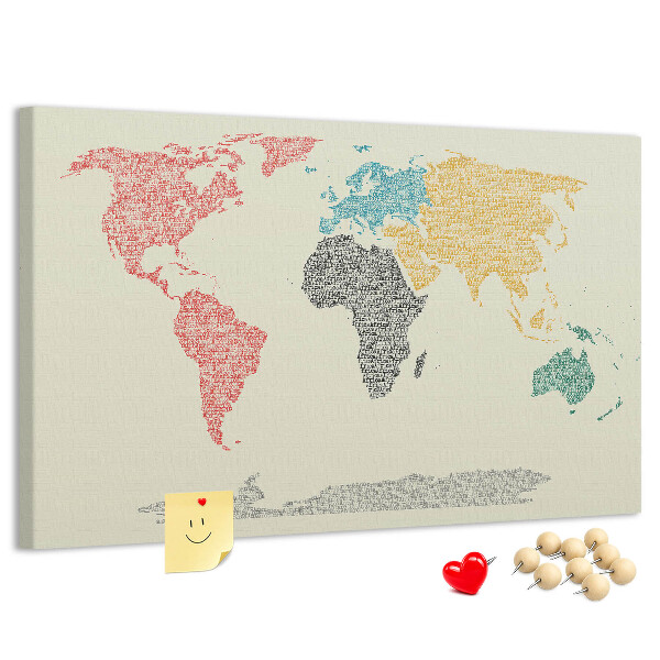 Tableau en liège Une carte du monde en mots et en couleurs