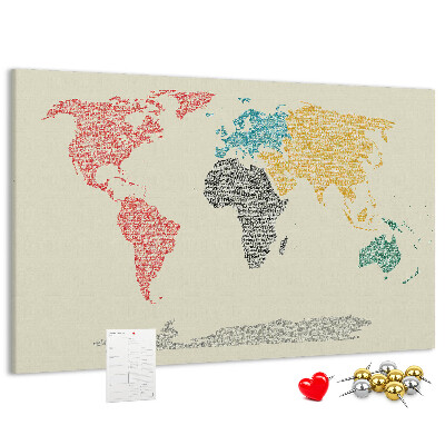 Tableau en liège Une carte du monde en mots et en couleurs