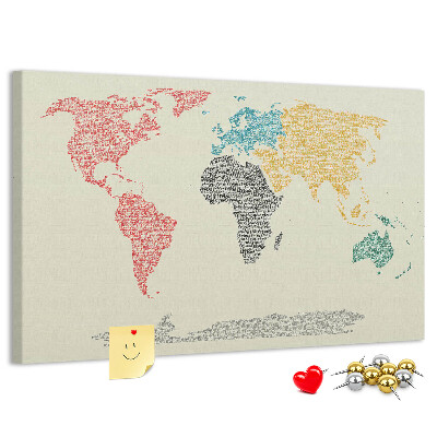 Tableau en liège Une carte du monde en mots et en couleurs