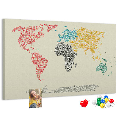 Tableau en liège Une carte du monde en mots et en couleurs