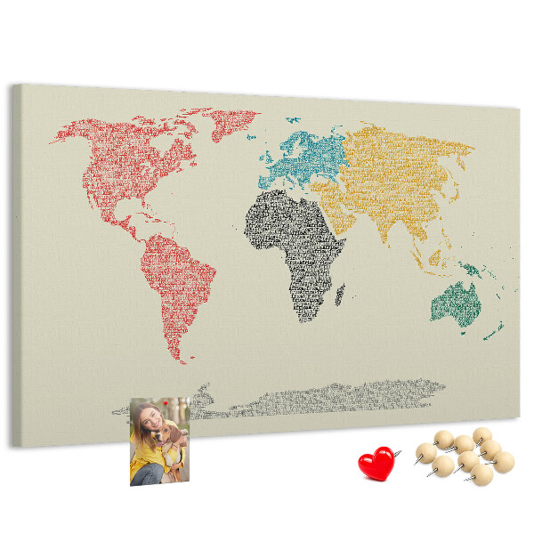 Tableau en liège Une carte du monde en mots et en couleurs