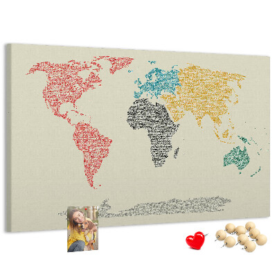 Tableau en liège Une carte du monde en mots et en couleurs