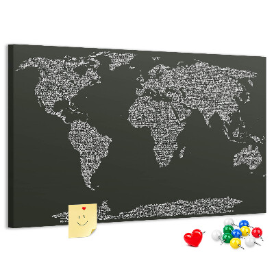 Tableau affichage liège Carte du monde sous forme de texte.