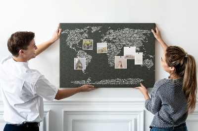 Tableau affichage liège Carte du monde sous forme de texte.