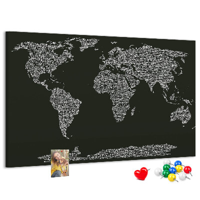 Tableau affichage liège Carte du monde sous forme de texte.