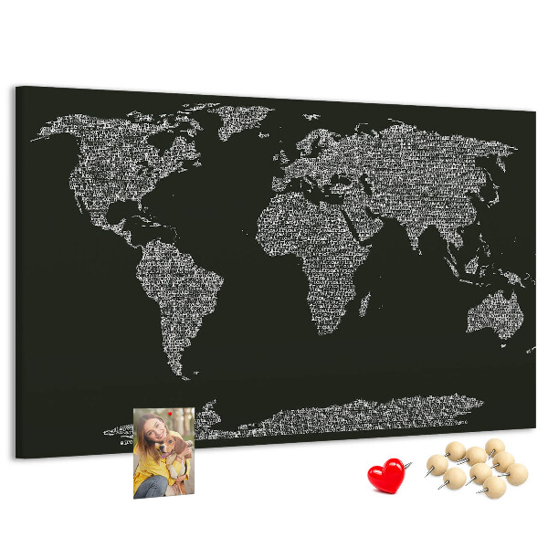 Tableau affichage liège Carte du monde sous forme de texte.