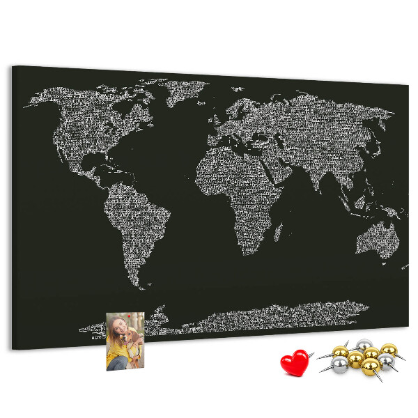 Tableau affichage liège Carte du monde sous forme de texte.