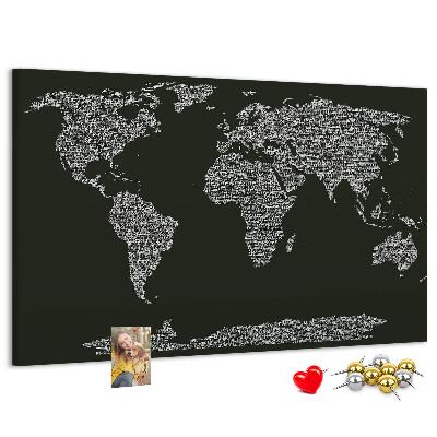 Tableau affichage liège Carte du monde sous forme de texte.