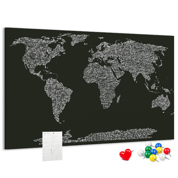 Tableau affichage liège Carte du monde sous forme de texte.