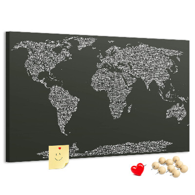 Tableau affichage liège Carte du monde sous forme de texte.