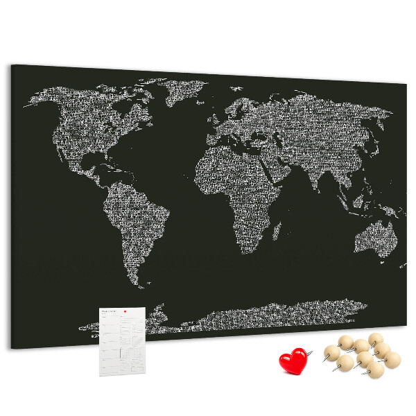 Tableau affichage liège Carte du monde sous forme de texte.