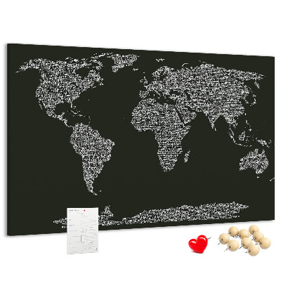 Tableau affichage liège Carte du monde sous forme de texte.