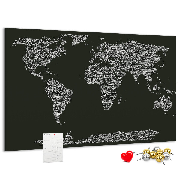 Tableau affichage liège Carte du monde sous forme de texte.