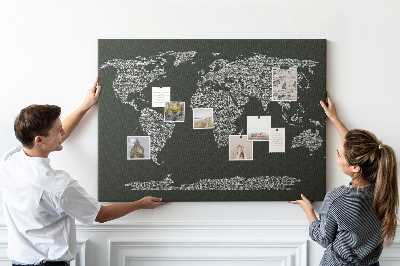 Tableau affichage liège Carte du monde sous forme de texte.