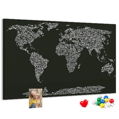 Tableau affichage liège Carte du monde sous forme de texte.
