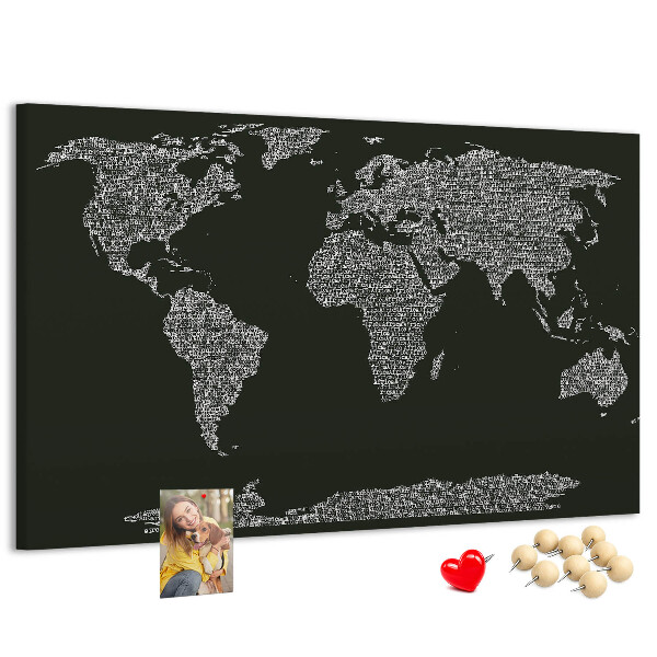 Tableau affichage liège Carte du monde sous forme de texte.