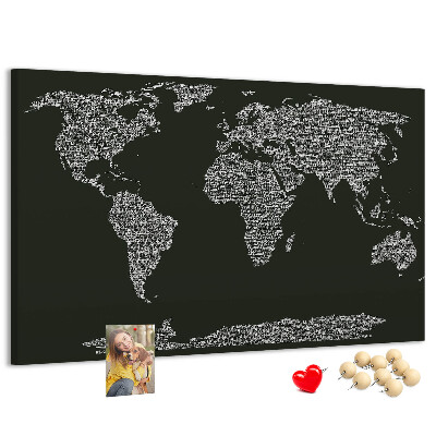 Tableau affichage liège Carte du monde sous forme de texte.