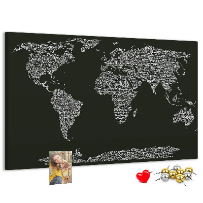 Tableau affichage liège Carte du monde sous forme de texte.