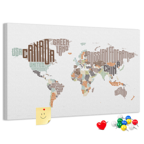 Tableau de liège Carte du monde avec les noms des pays
