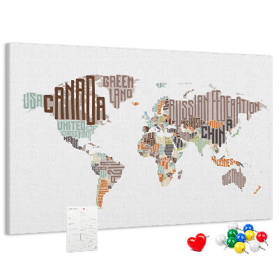 Tableau de liège Carte du monde avec les noms des pays
