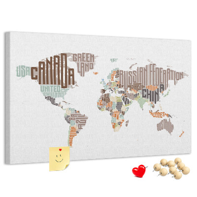Tableau de liège Carte du monde avec les noms des pays