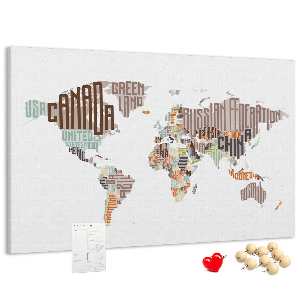 Tableau de liège Carte du monde avec les noms des pays