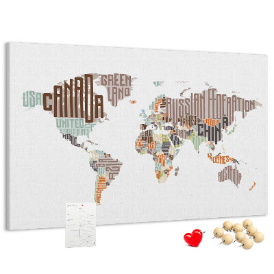 Tableau de liège Carte du monde avec les noms des pays