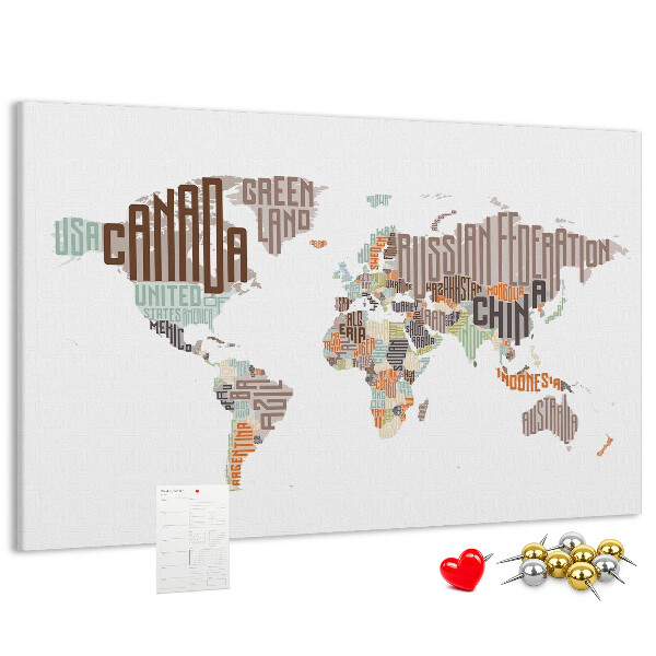 Tableau de liège Carte du monde avec les noms des pays
