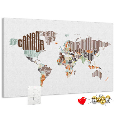 Tableau de liège Carte du monde avec les noms des pays