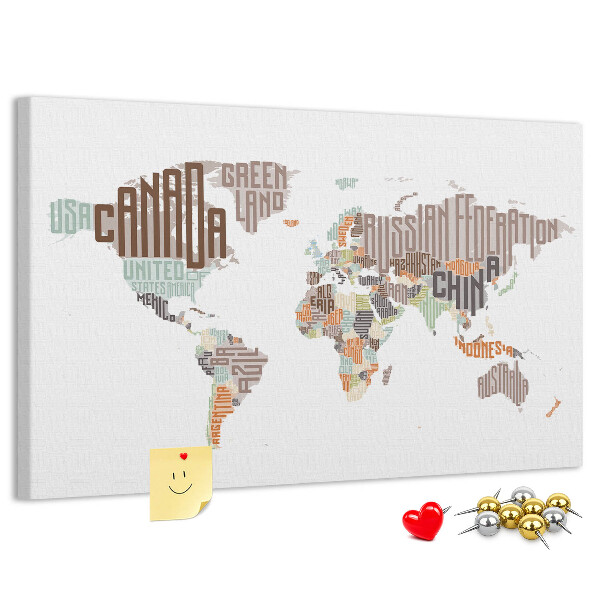 Tableau de liège Carte du monde avec les noms des pays