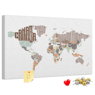Tableau de liège Carte du monde avec les noms des pays