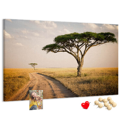 Tableau en liège Une route traversant un paysage africain avec un arbre
