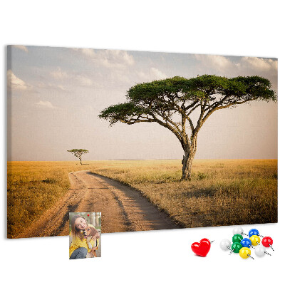 Tableau en liège Une route traversant un paysage africain avec un arbre
